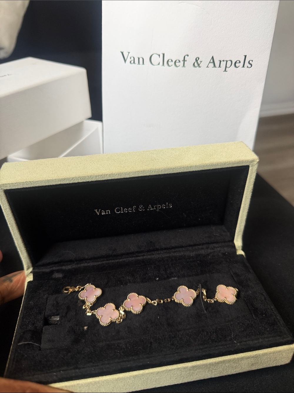 Van Cleef & Arpels Gold Bracelet with Pink Alhambra Motifs